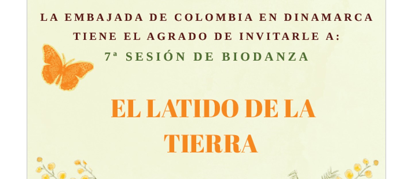 La Embajada de Colombia en Dinamarca invita a la 7.ª sesión de Biodanza titulada "El Latido de la Tierra" el 21 de mayo de 2025