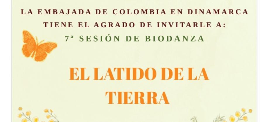 La Embajada de Colombia en Dinamarca invita a la 7.ª sesión de Biodanza titulada "El Latido de la Tierra" el 21 de mayo de 2025